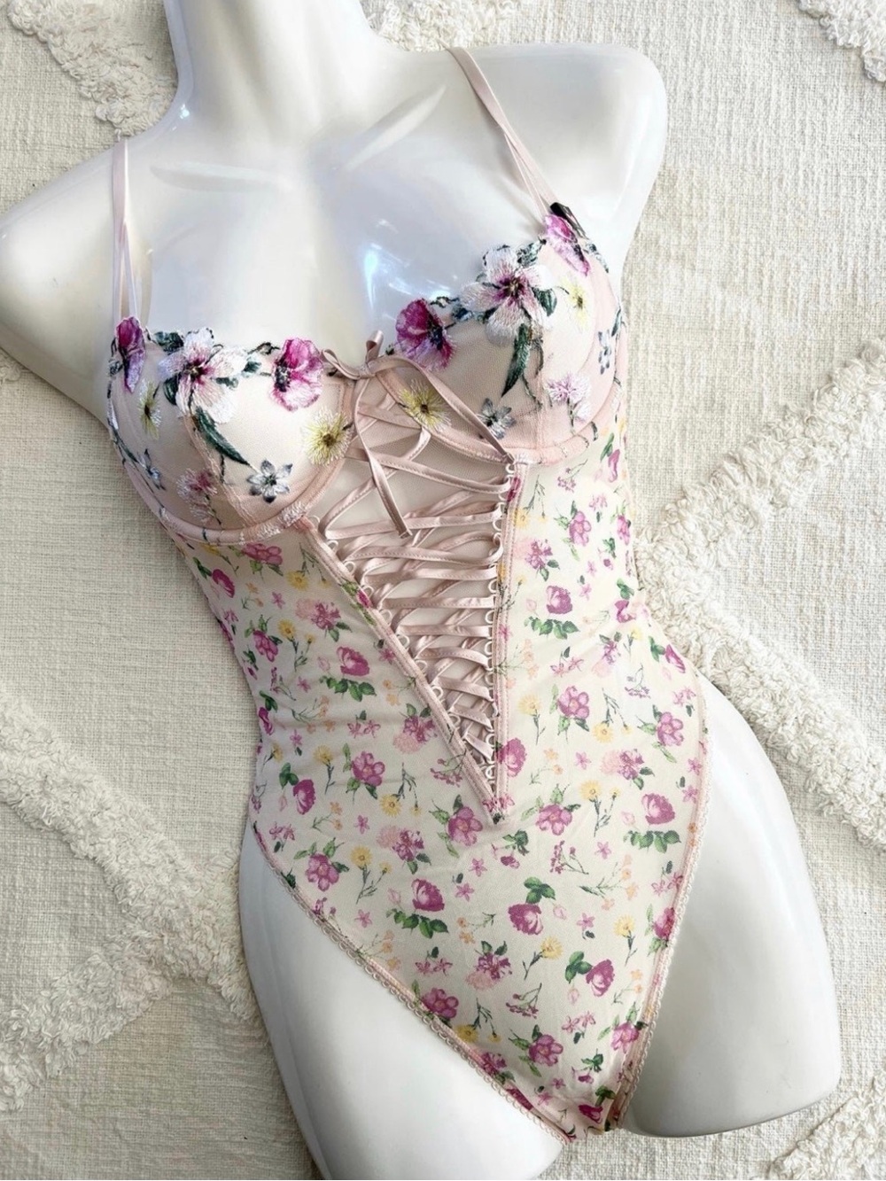 Floral Lace-Up One-Piece Bodysuit